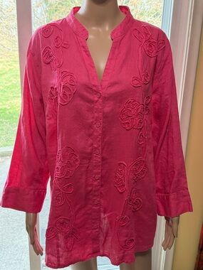 Women’s 100% Linen Pink V-Neck Button Front Tunic, Floral Embellishment, 20W